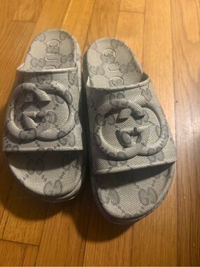 Gucci Grey Monogram Slide Sandals